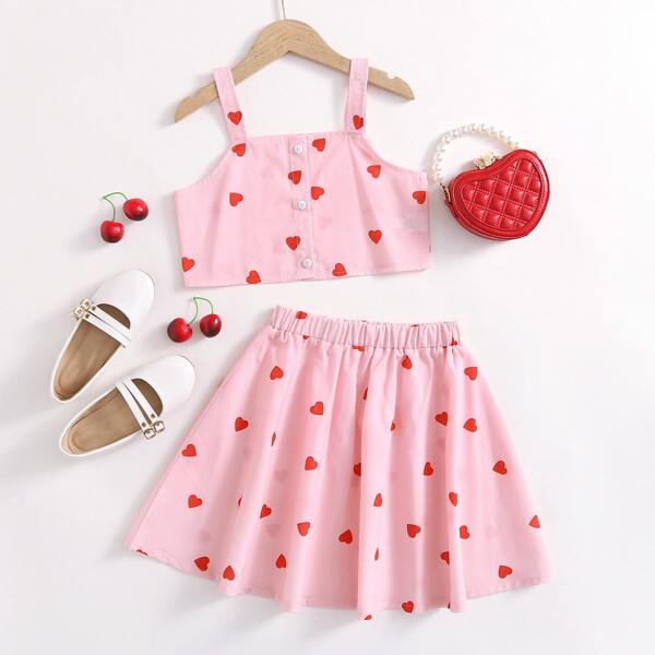 

Girls Heart Print Button Front Crop Cami Top With Skirt, Baby pink