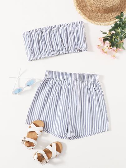 شورت مع لباس علوي انبوب مخطط للبنات