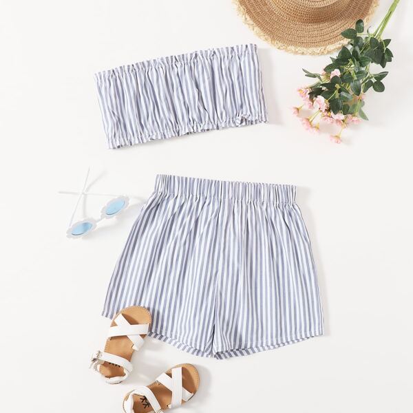 

Girls Stripe Tube Top & Shorts, Blue and white
