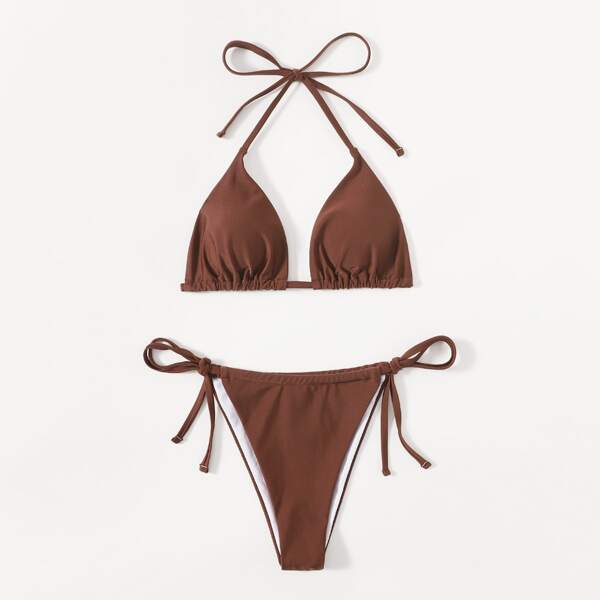 

Halter Triangle Thong Bikini Swimsuit, Rust brown