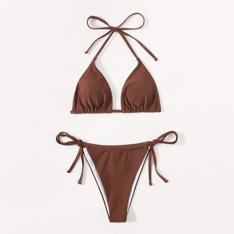 

Halter Triangle Thong Bikini Swimsuit, Rust brown
