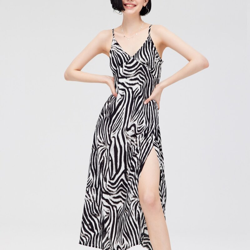 

Zebra Stripe Split Thigh Cami Dress, Black and white