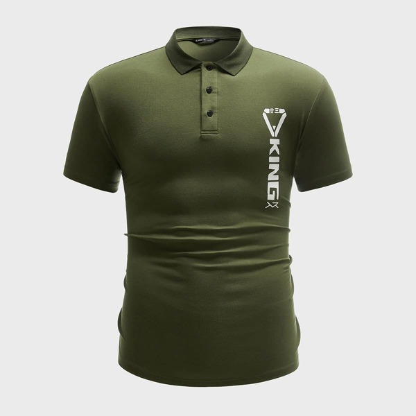 

Men Letter Graphic Polo Shirt, Army green