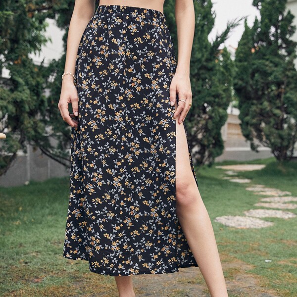 

Floral Print Side Split Skirt, Black