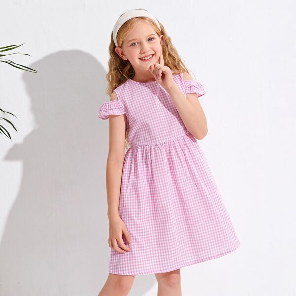 

Girls Gingham Print Cold Shoulder Dress, Baby pink