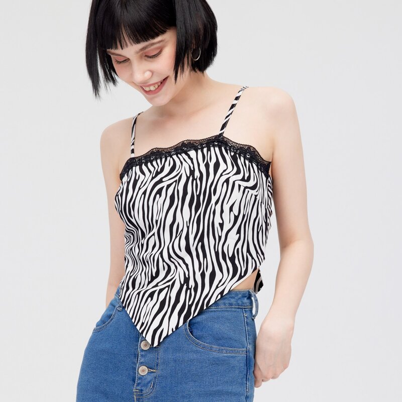 

Lace Trim Zebra Stripe Tie Back Cami Top, Black and white