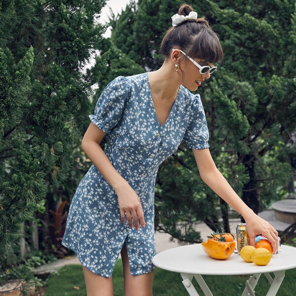 

Ditsy Floral Button Up Dress, Blue
