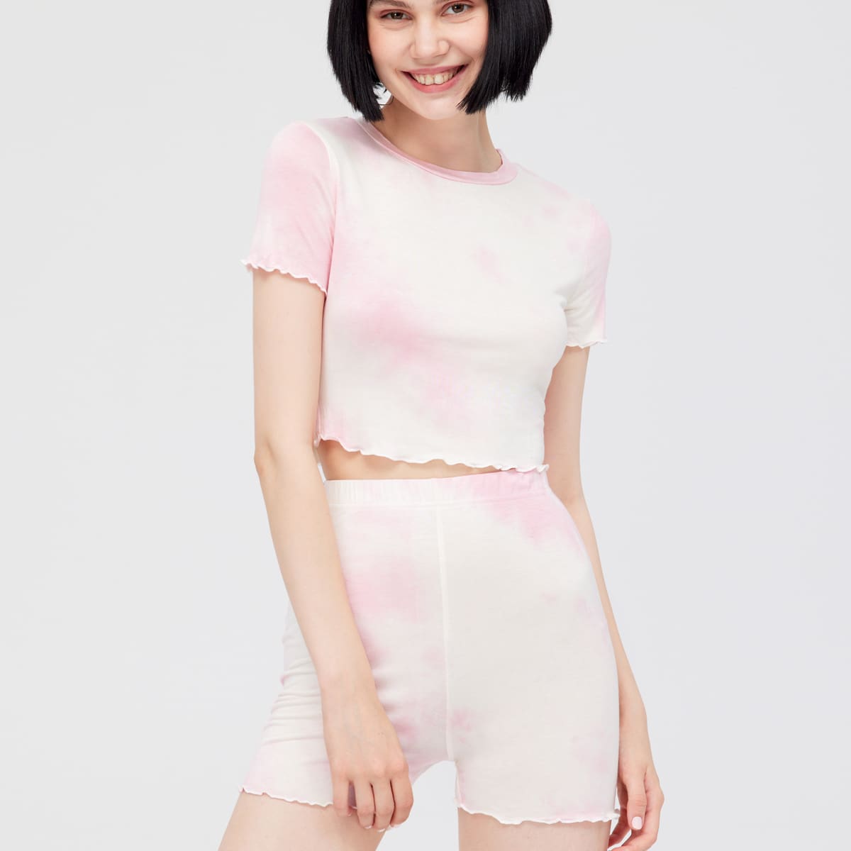 

Tie Dye Print Lettuce Trim Tee With Biker Shorts, Baby pink