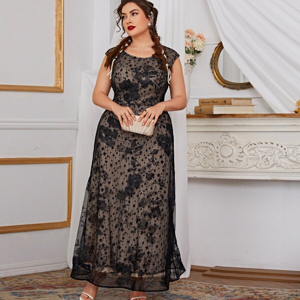 

Plus Embroidery Mesh Overlay Maxi Dress, Black