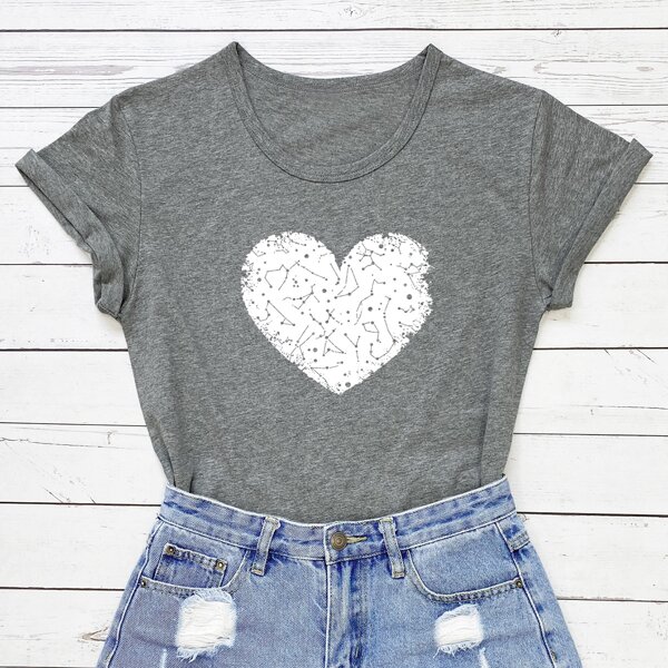 

Heart Print Crew Neck Tee, Grey