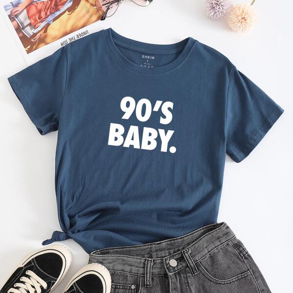 

Slogan Graphic Round Neck Tee, Navy blue
