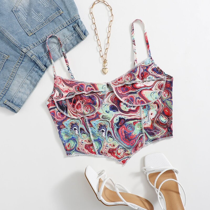 

Marble Print Bustier Crop Cami Top, Multicolor