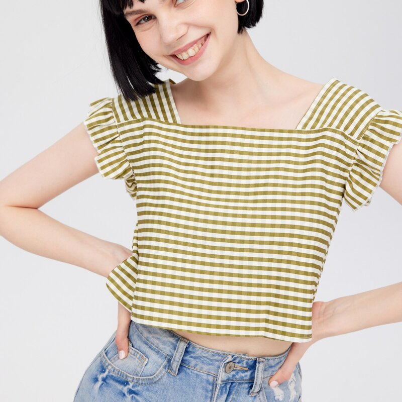 

Gingham Ruffle Sleeve Top, Pastel lime green