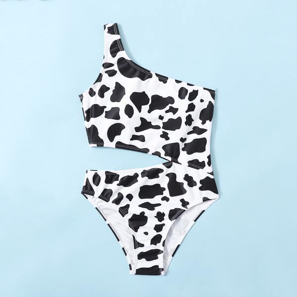 

Girls Cow Print Cut-out One Shoulder One Piece Swimsuit, Black and white
