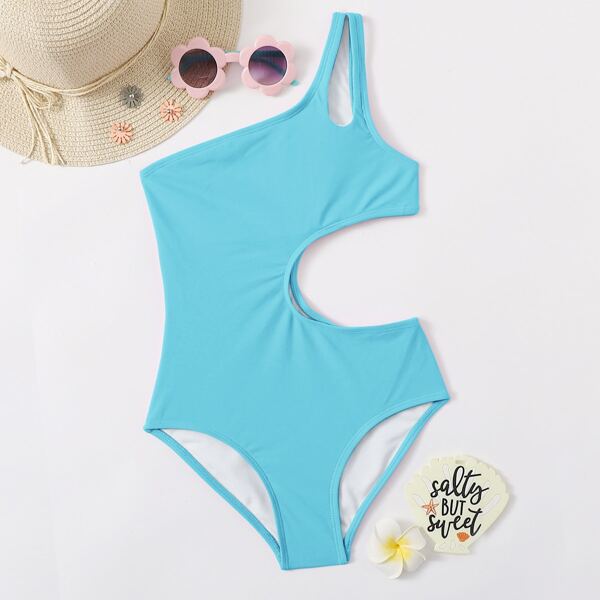 

Girls Cut-out One Shoulder One Piece Swimsuit, Blue