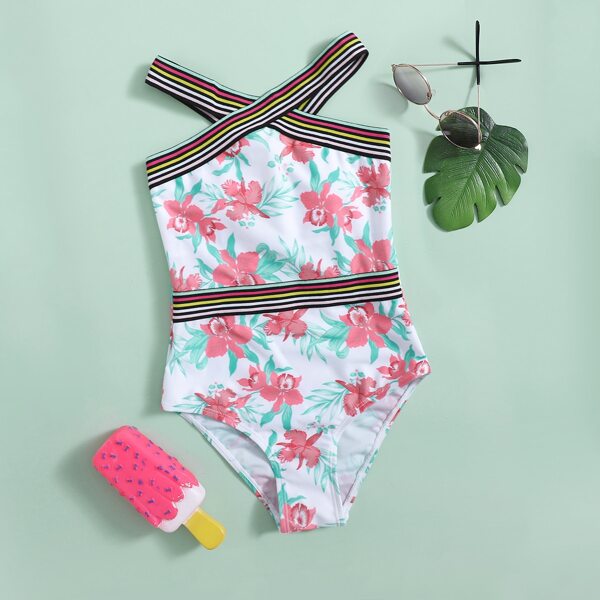 

Girls Floral Print Striped Tape One Piece Swimsuit, Multicolor