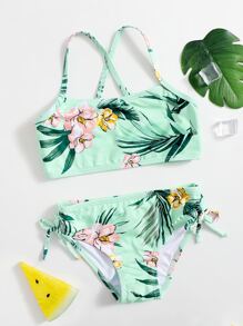 年轻女孩花卉十字交叉比基尼套装夏日海滩 - 薄荷綠 - 查看 1