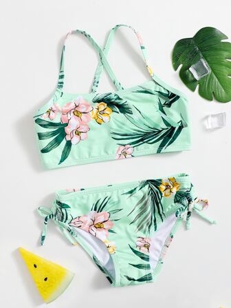 مجموعة بكيني بتصميم الزهور البارز للفتيات للصيف والشاطئ