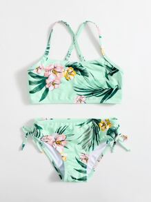 年轻女孩花卉十字交叉比基尼套装夏日海滩 - 薄荷綠 - 查看 3