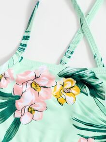 年轻女孩花卉十字交叉比基尼套装夏日海滩 - 薄荷綠 - 查看 4