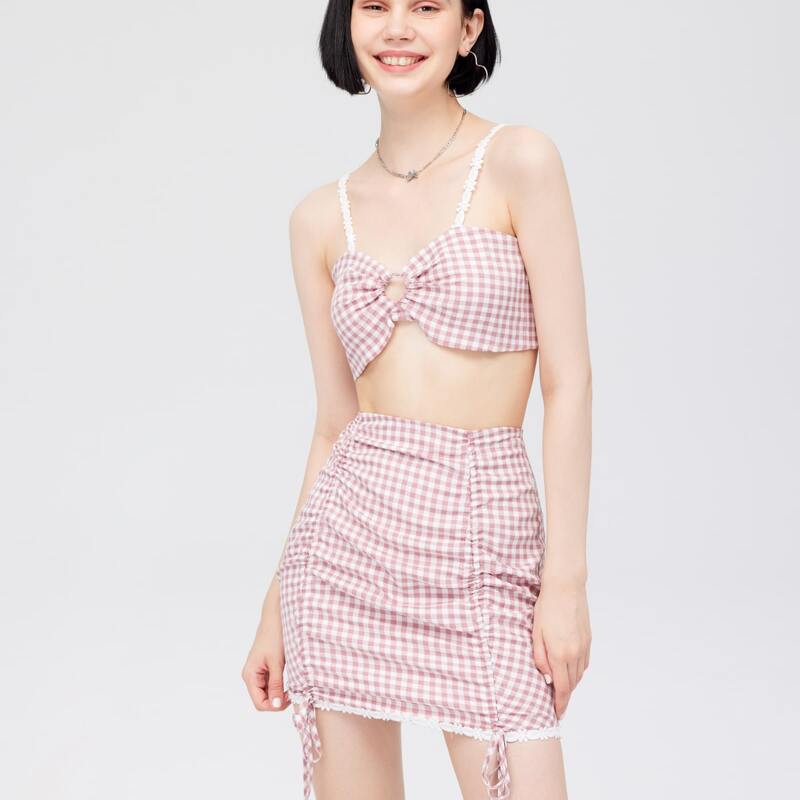 

O-ring Gingham Cami Top With Skirt, Dusty pink
