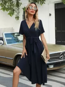Flutter Sleeve Belted Dress - Navy Blue - View 1