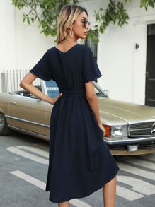 Flutter Sleeve Belted Dress - Navy Blue - View 2
