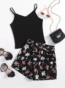 SHEIN Teen Girls Rib-knit Cami Top & Floral Belted Shorts Set - Black - View 1
