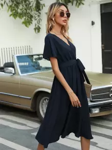 Flutter Sleeve Belted Dress - Navy Blue - View 3
