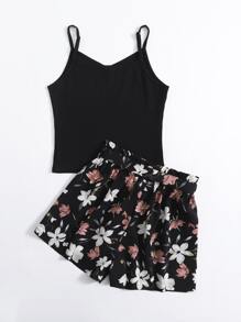 SHEIN Teen Girls Rib-knit Cami Top & Floral Belted Shorts Set - Black - View 2