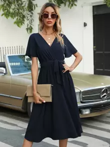 Flutter Sleeve Belted Dress - Navy Blue - View 4