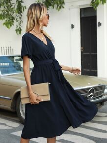 Flutter Sleeve Belted Dress - Navy Blue - View 5