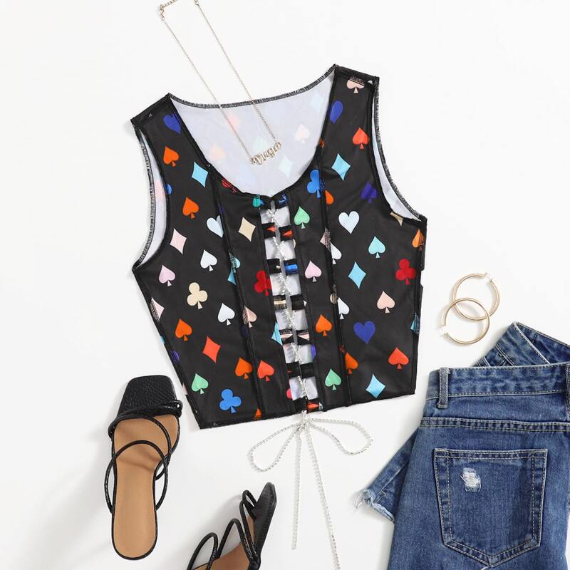 

Chain Lace Up Knot Graphic Print Tank Top, Multicolor