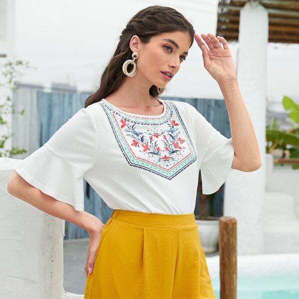 

Flounce Sleeve Floral Print Tee, White