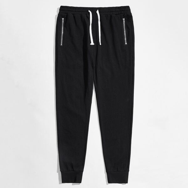 

Men Drawstring Waist Zip Detail Sweatpants, Black