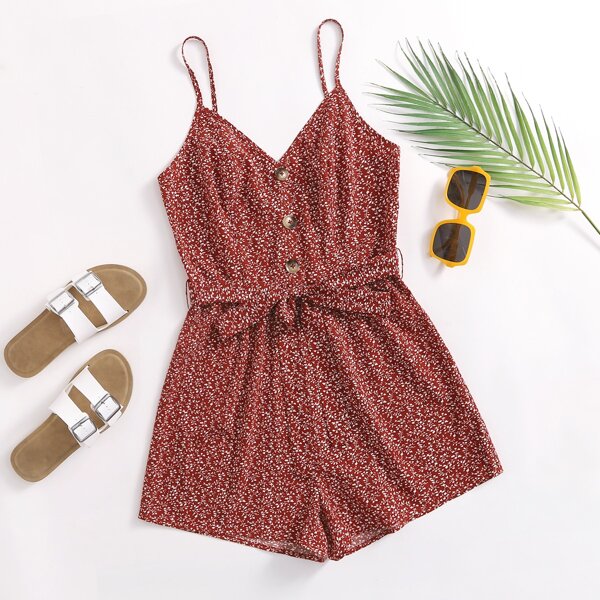 

Button Front Belted Plants Cami Romper, Red and white