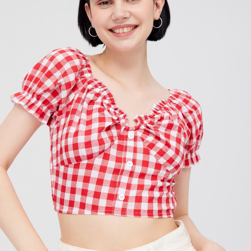 

Gingham Sweetheart Neck Crop Top, Red and white