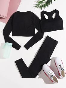 Easithlete 3入組無縫高彈力套裝工作套裝拇指孔上衣寬腰帶短褲 - 黑色 - 查看 1