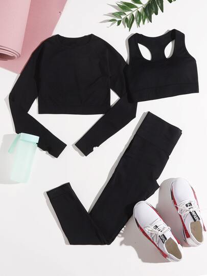 مجموعة الجري غير الملحومة عالية الإمتداد بدلة العمل بفتحات الإبهام شورت بحزام عريض 3 قطعة