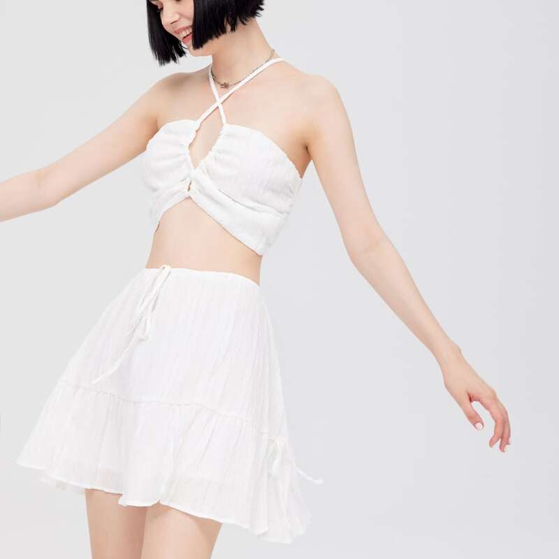 

Lace Up Open Back Ruched Crop Cami Top & Ruffle Hem Skirt Set, White