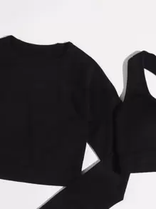 Easithlete 3入組無縫高彈力套裝工作套裝拇指孔上衣寬腰帶短褲 - 黑色 - 查看 3