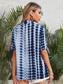 SHEIN Button Front Tie Dye Longline Shirt - Blue and White - View 2