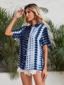 SHEIN Button Front Tie Dye Longline Shirt - Blue and White - View 3