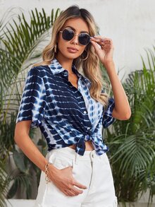 SHEIN Button Front Tie Dye Longline Shirt - Blue and White - View 5