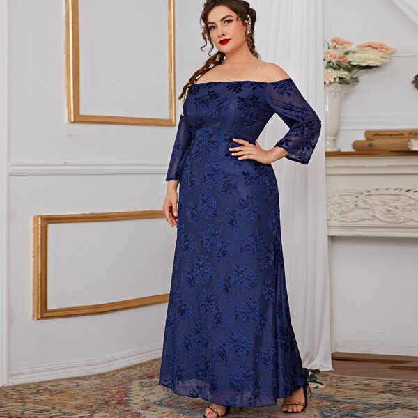 

Plus Jacquard Off The Shoulder Maxi Dress, Navy blue