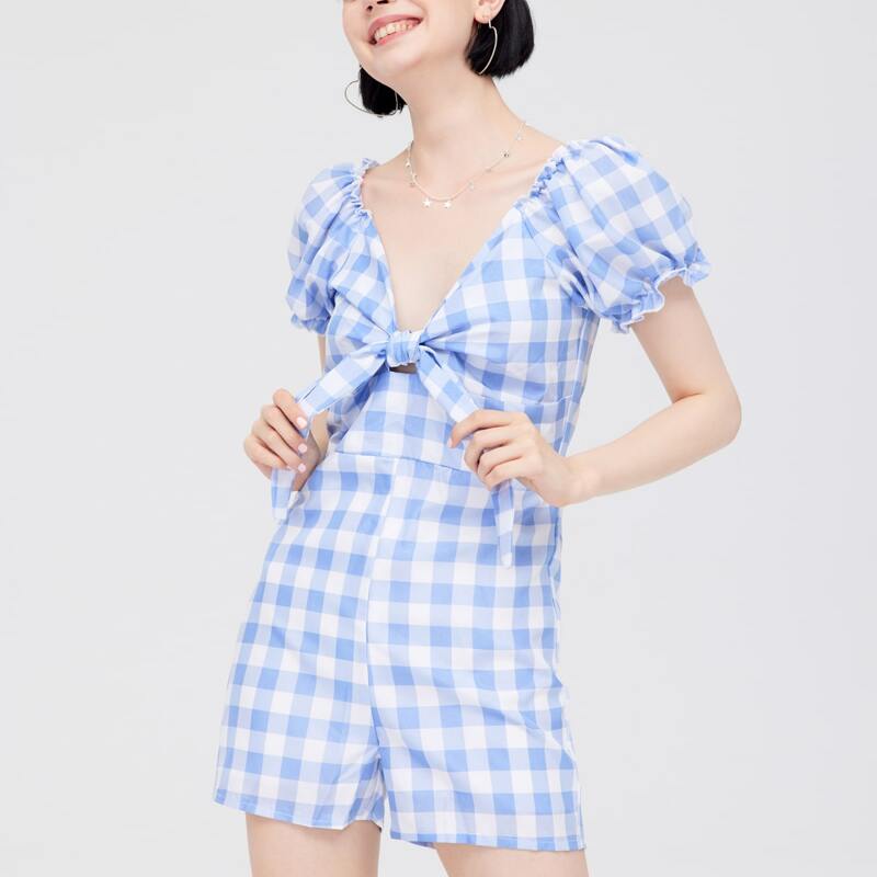 

Buffalo Plaid Tie Front Romper, Blue and white