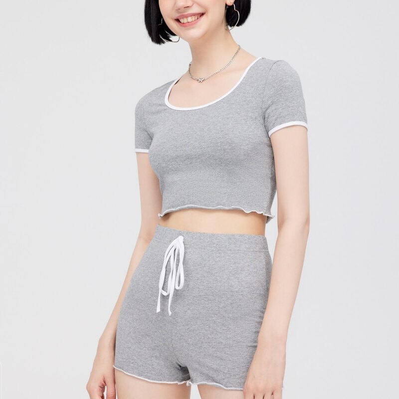 

Contrast Binding Lettuce Trim Top & Shorts Set, Grey