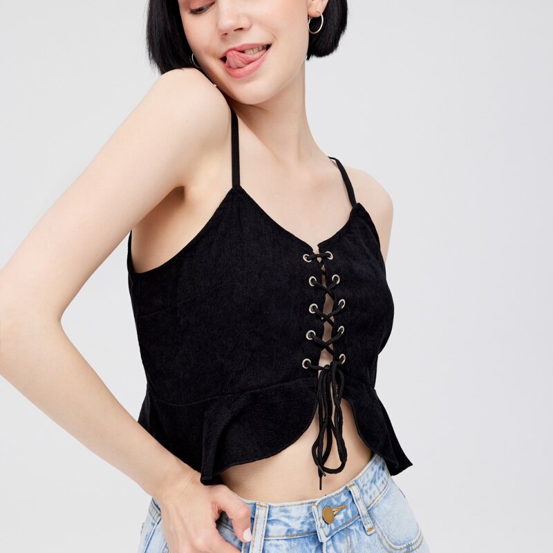 

Lace Up Front Ruffle Hem Corduroy Cami Top, Black