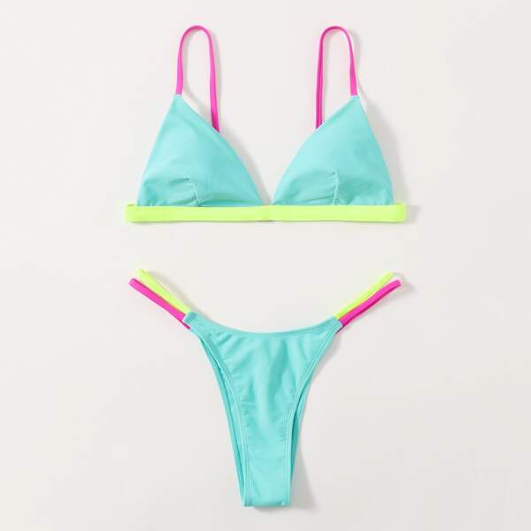 

Contrast Binding Triangle Bikini Swimsuit, Blue