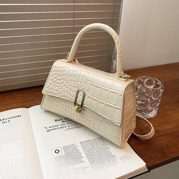 

Croc Embossed Flap Satchel Bag, Beige